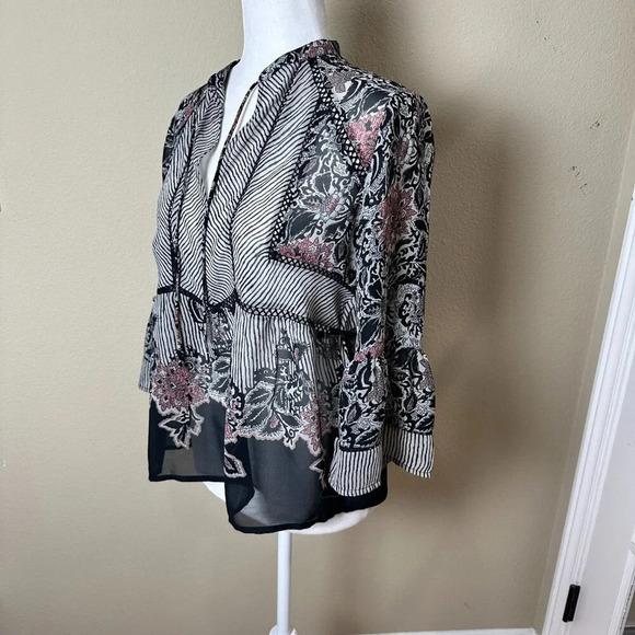 LUCKY BRAND Sheer V Neck Stripe & Floral Blouse Top Trumpet Sleeve - size Medium - Picture 5 of 10